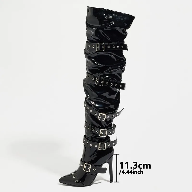 

Classic Designer Belt Buckle Patent Leather Over Knee Boots for Women Fashionable Pointed Punk Sexy Locomotive Boots Botas Mujer