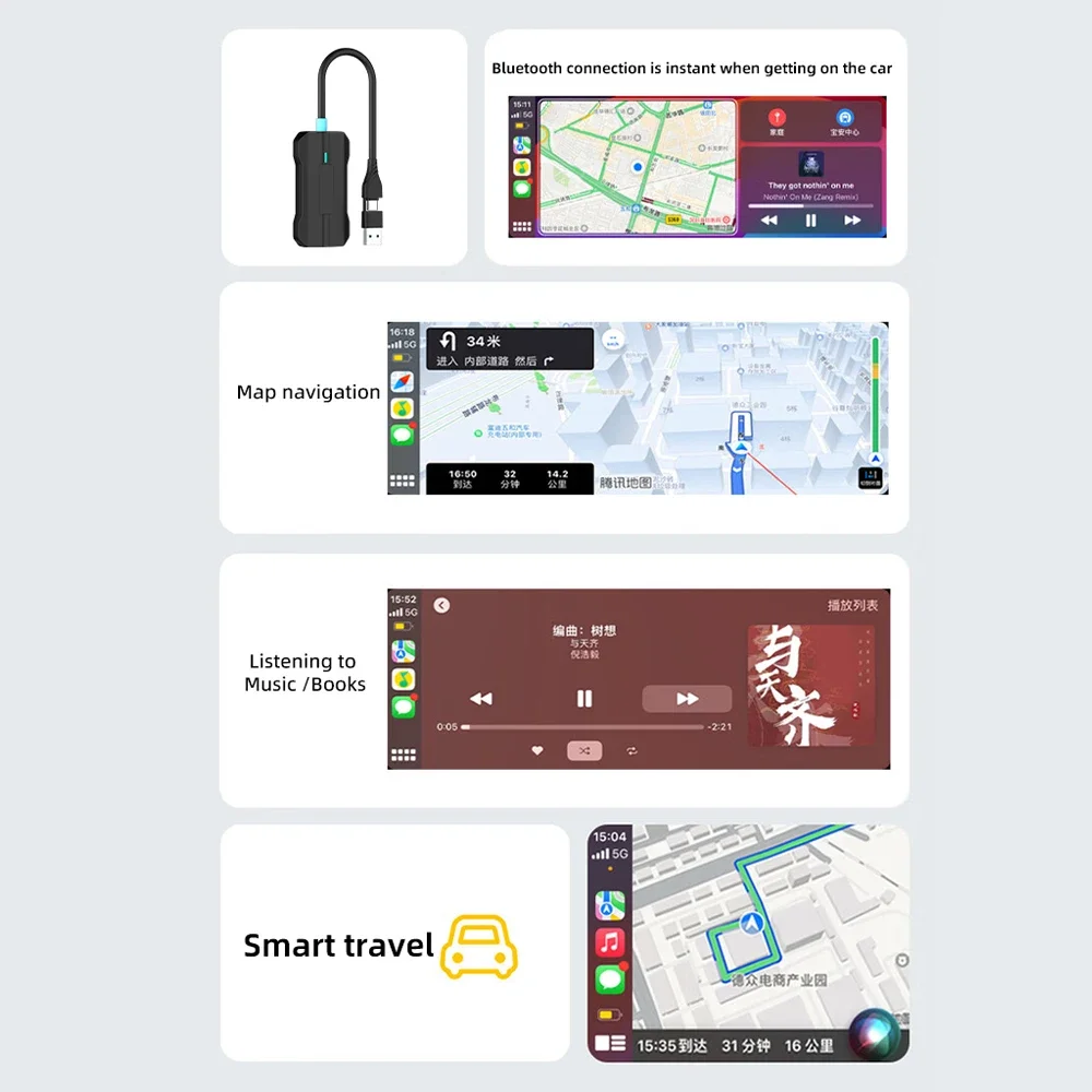 유선에서 무선으로 카플레이 자동 어댑터, USB C 타입 플러그 앤 플레이 플레이어 키트, 자동차 OEM 유선 카플레이, 애플 폰 IOS용, 2 인 1 박스