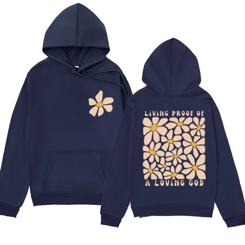 Funny Boho Living Proof of A Loving God Print Hoodies Men's Retro Christian Sublimation Wildflower Bible Verse Hooded Sweatshirt