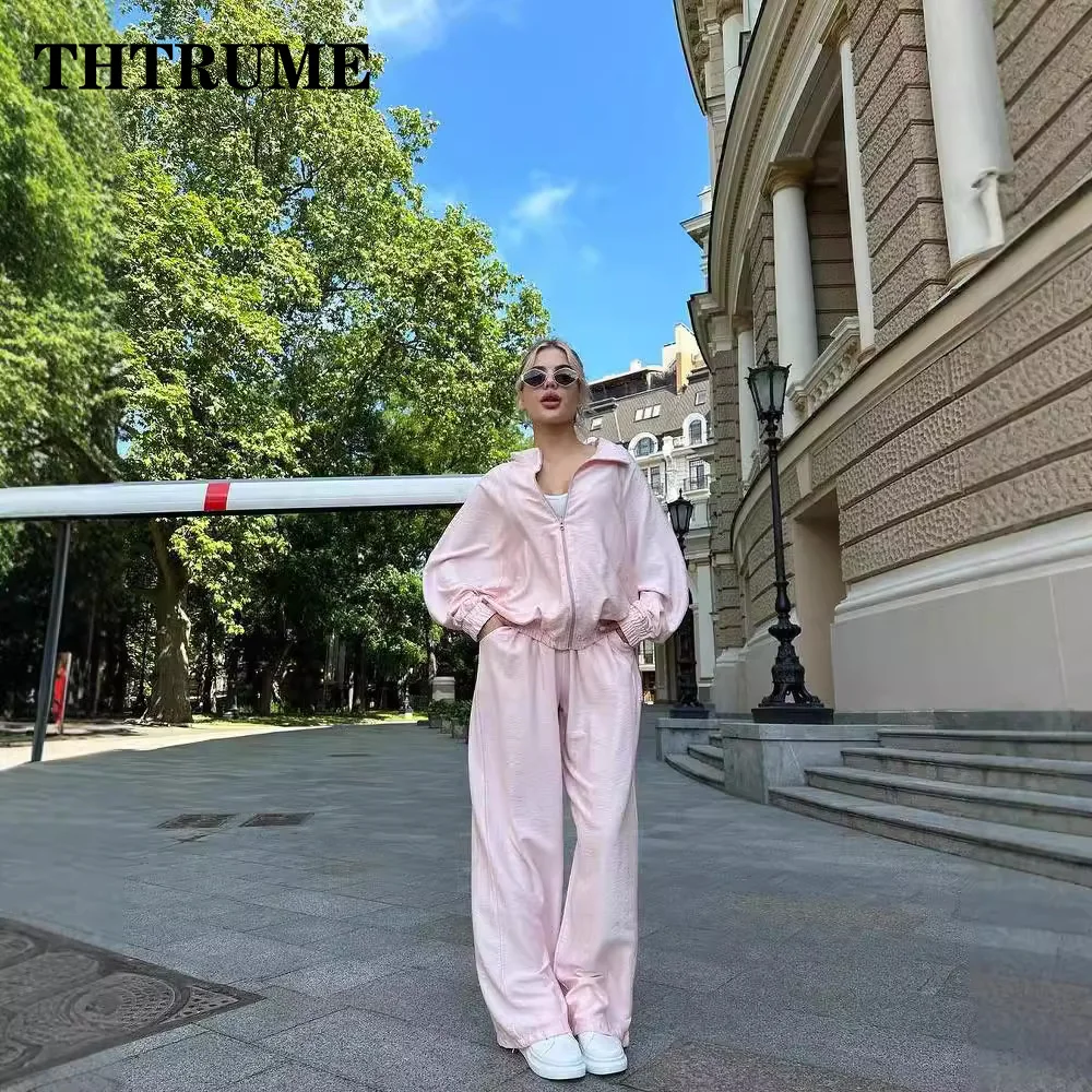 Elegant Women Chic Two Piece Sets Fashion Communte Lapel Zipper Shirts Loose Wide Leg Pants Suit Casual Streetwear Female Outfit