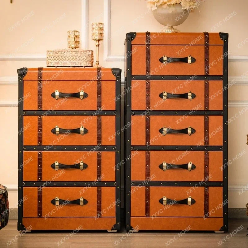 JJFrench Antique Chest, Retro Luggage, Leather Five-draw American Country Storage High Cabinet