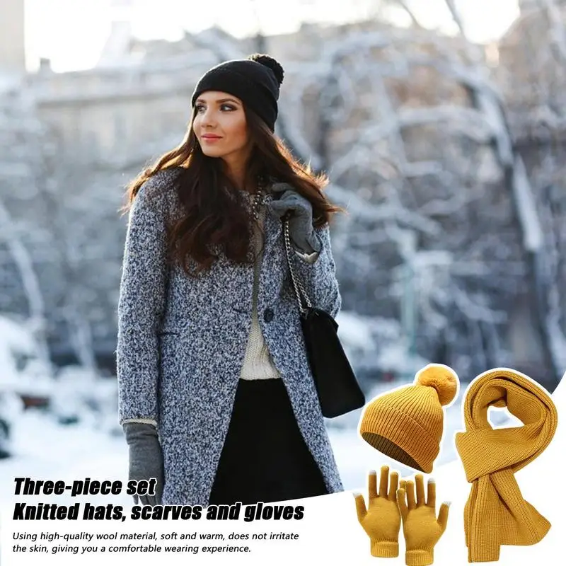 Winter Beanie Hat Scarf Gloves Outdoor Thick Warm Woolen Hat Set Womens Winter Hats Gloves Set Stocking Stuffers For Travel Walk