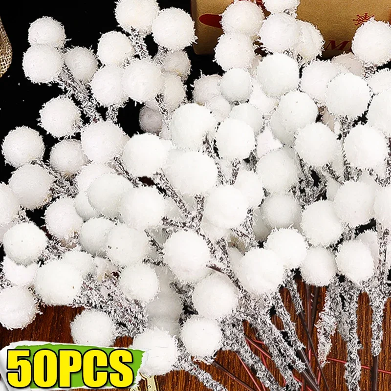 5/50pcs Christmas Snow Tipped Berry Branches Artificial White Berries Fake Flower DIY Wreath Xmas Tree Wedding Party Decoration