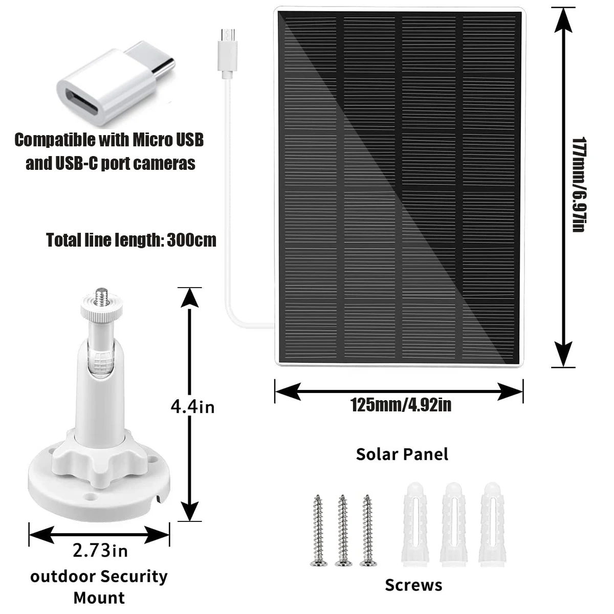 Solar Panel 6W/5V Outdoor Solar Cells Charger Solar Panels IP65 Waterproo Type-C Camera Solar Charging Board for Security Camera