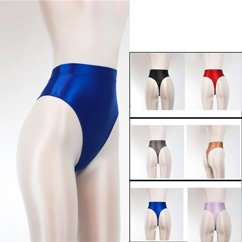Satin brillant brillant taille haute string transparent voir à travers Sexy bref couleur bonbon t-back huile string sous-vêtements soie Femme serré