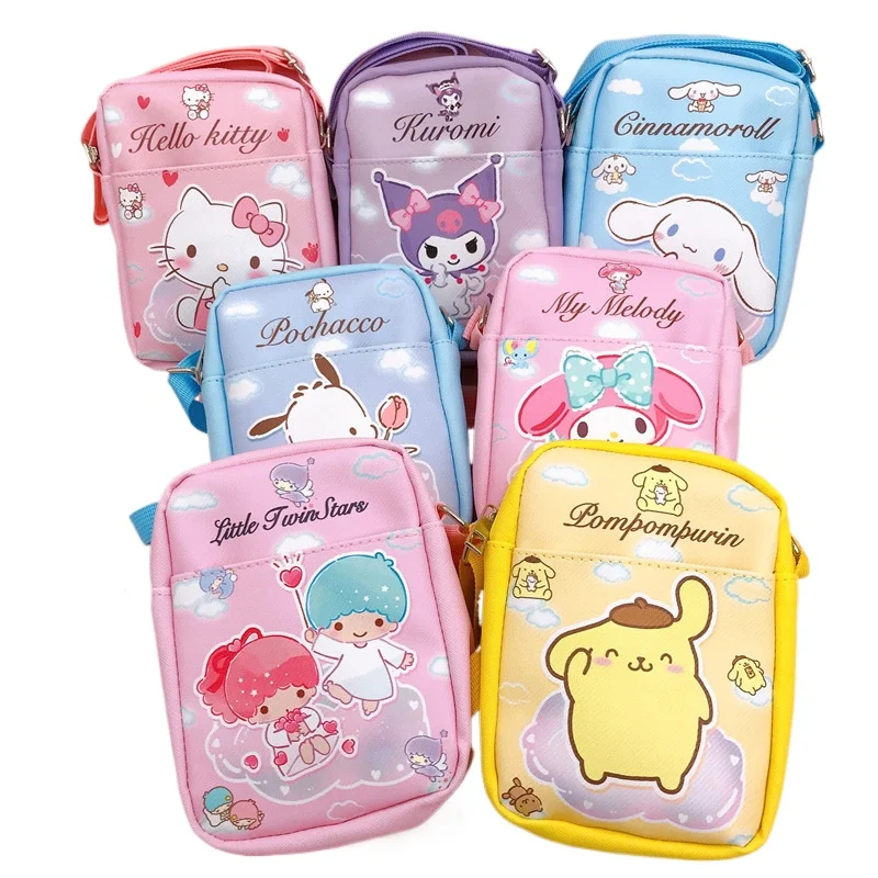 

Sanrio Purses for Girls Cartoon PU Phone Bags Crossbody Shoulder Case Kuromi Square Travel Storage Bag Hello Kitty Message Cases