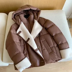 White Duck Down Jacket 2024 Winter New Women Loose Stand Collar Hooded Puffer Jacket Women Lamb Wool PU Leather Parkas Outwear