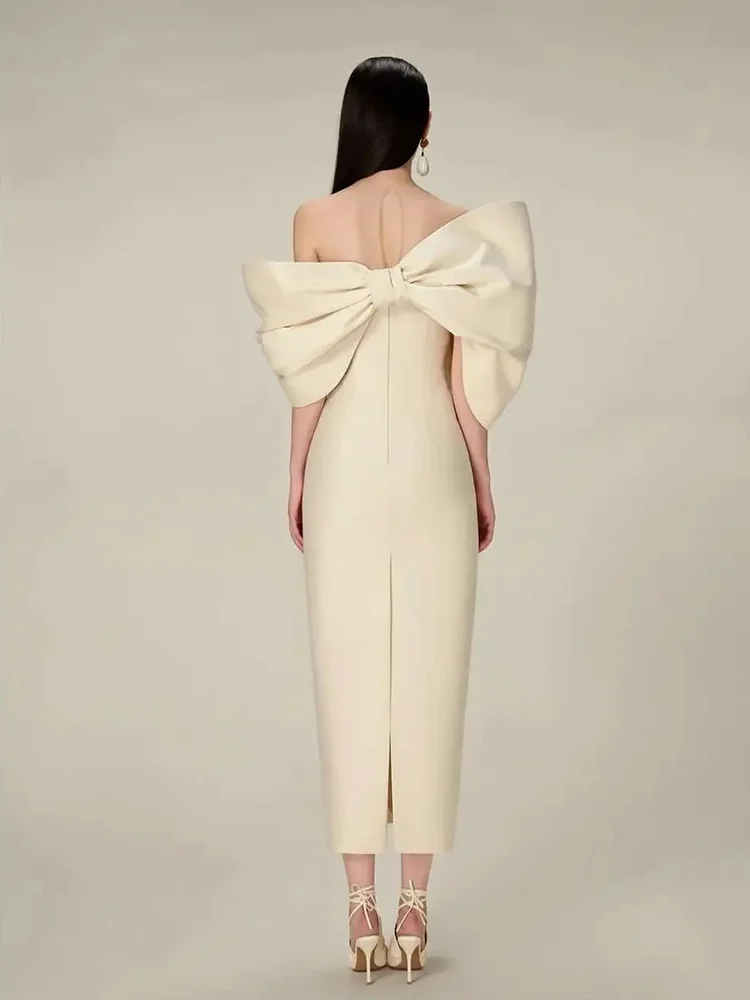 

AsaNagi Elegant Off Shoulder Prom Dress Women's Bow Straight Party Evening Gown Tea Length Zip Back Slit Special Occasion Gowns
