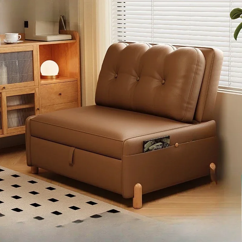 Single leather telescopic foldable sofa dual-purpose small apartment multi-functional bed cat scratch leather