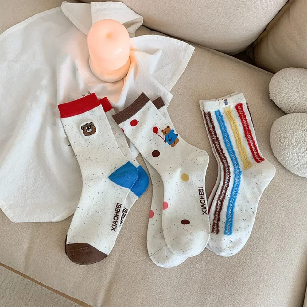 3Pairs Fashion Cute Mid-calf Socks Bear Patchwork Women's Stockings Stripe Mid Tube Cotton Socks Winter