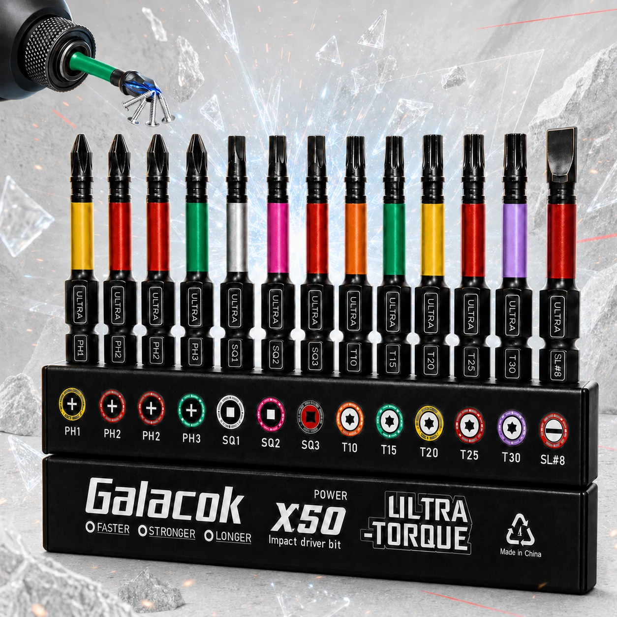 Galacok 13-teiliges Schlagschrauber-Bit-Set mit Phillips-/Flach-/Schlitzbits, 2 Zoll Magnet-Bits, farbcodierter Basis, Bohrerzubehör