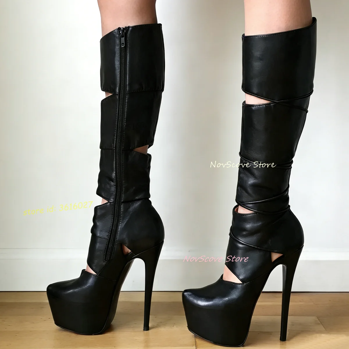 

Черные закрытые сапоги до колена с вырезами, острый носок, платформа, шпилька, высокие каблуки с боковой молнией, винтажные пикантные женские вечерние длинные сапоги