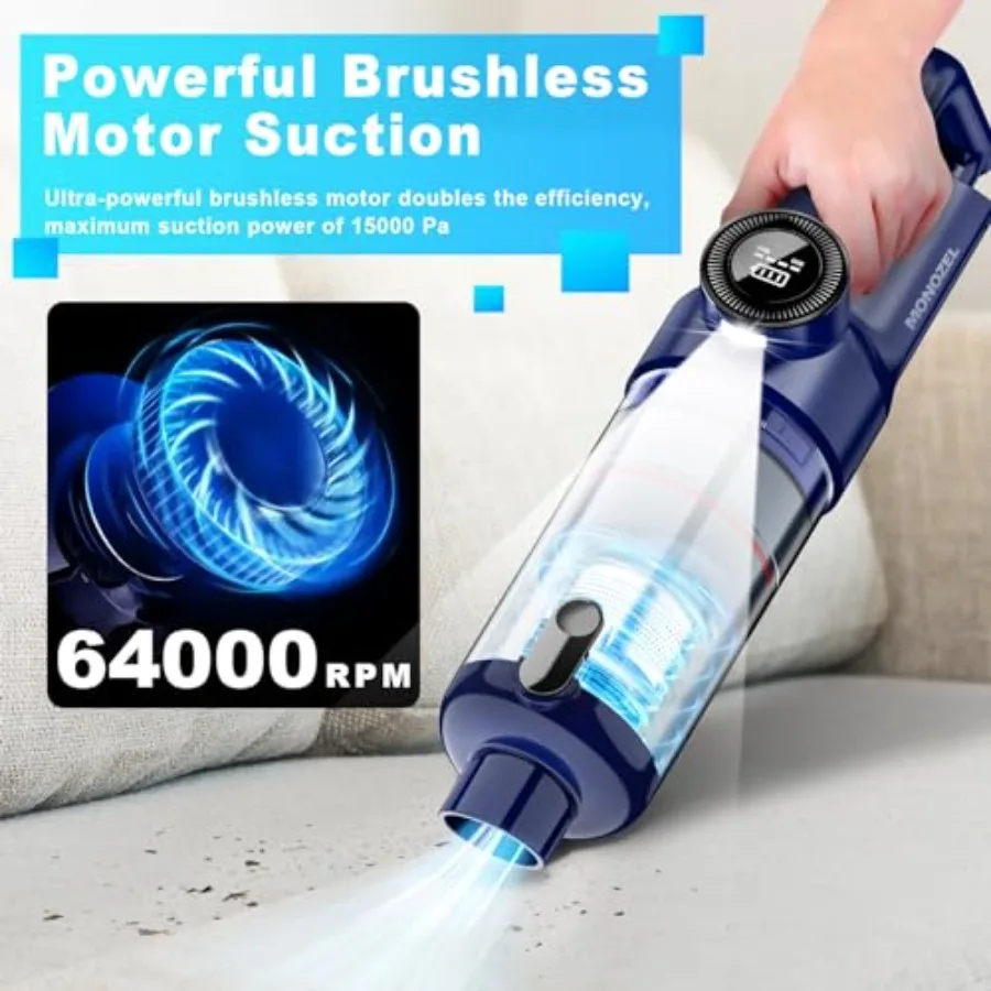 Handheld Vacuum Cordless - Car Vacuum Cleaner with Brushless Motor, 15kPa Powerful Suction Vacuum with LED Light, Type C Port, view 3