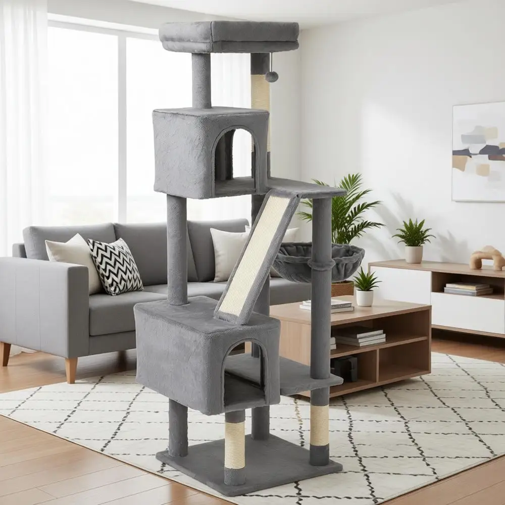 

Multi-Level Tower Condo with Scratching Post, Cozy Hammock and Perches, Interactive Dangling Ball, L – 60.1” H, Grey