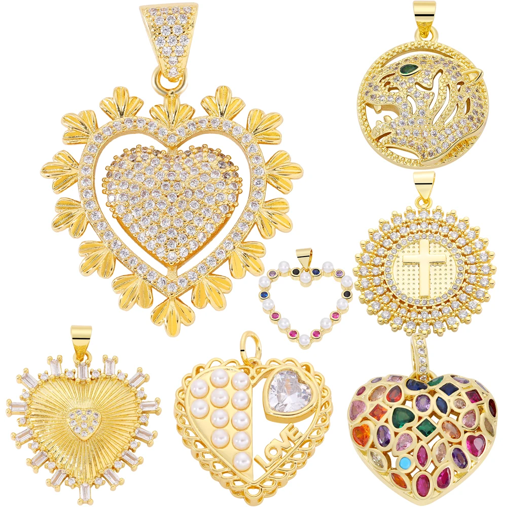 Juya Handmade 18K Real Gold Plated Cubic Zirconia Leopard Tiger Christian Cross Love Heart Charms For DIY Pendant Jewelry Making