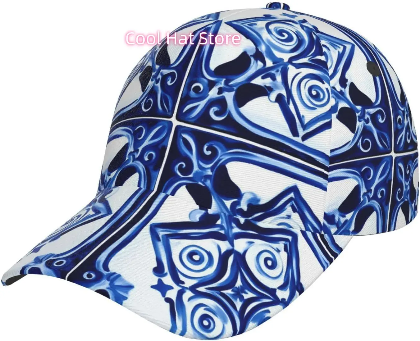 Blue Floral Tile Design Pattern Baseball Cap Adjustable Cotton Baseball Hat for Sports, Outdoor, Travel Gifts for Men