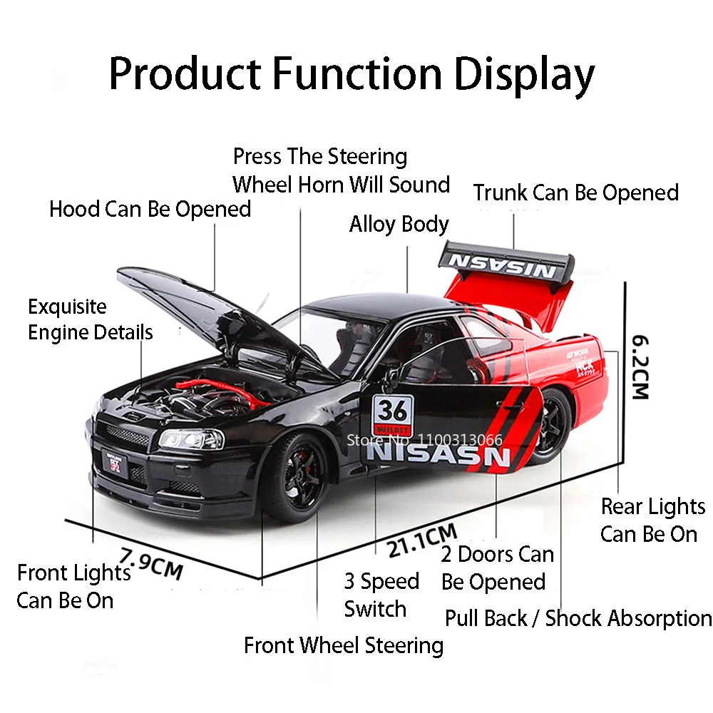 1:24 Nissan GTR SKYLINE Models Sports Cars Toys Wheel Pull Back Vehicle Rubber Tires Light Music Supercar Perfect Gifts for Boys