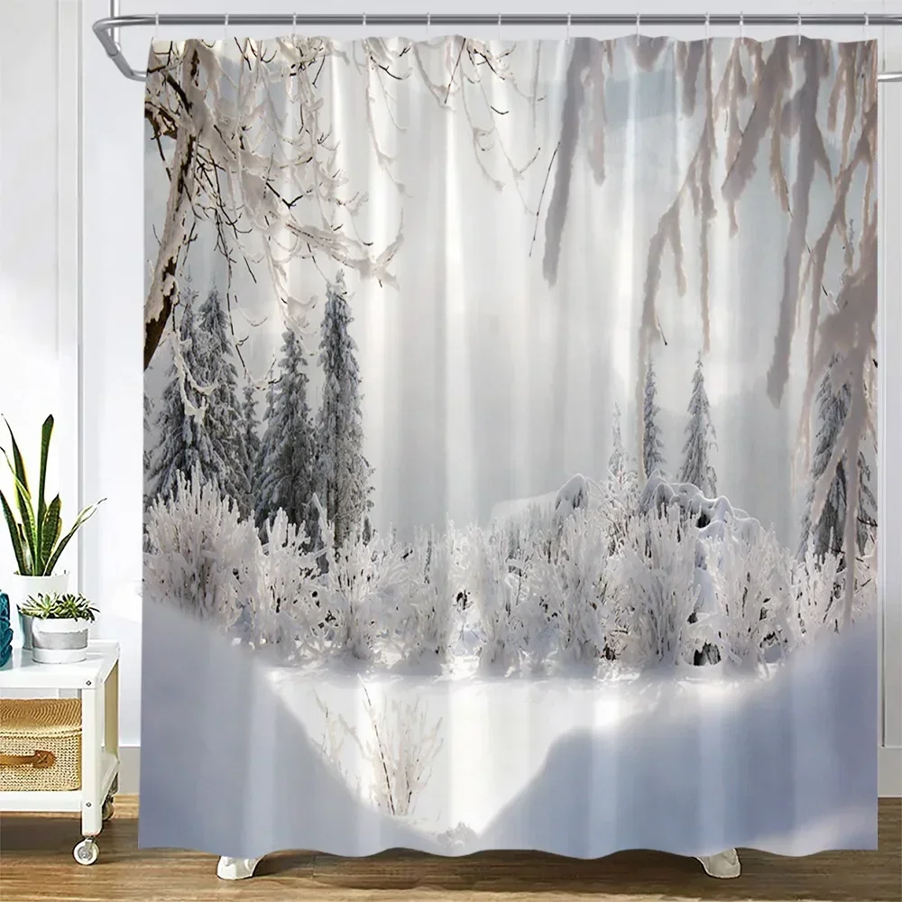 Winter Landscape Shower Curtains Snow Forest Trees Branch Nature Scenery Christmas Home Bathroom Decor Fabric Bath Curtain Sets