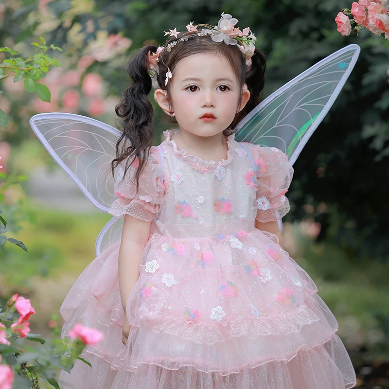 

2023 Summer Baby Girls Fairy Angel Wings Dress for Children Lush Dress with Wings Butterfly Elegant Knee Clothes for 2-10 Years