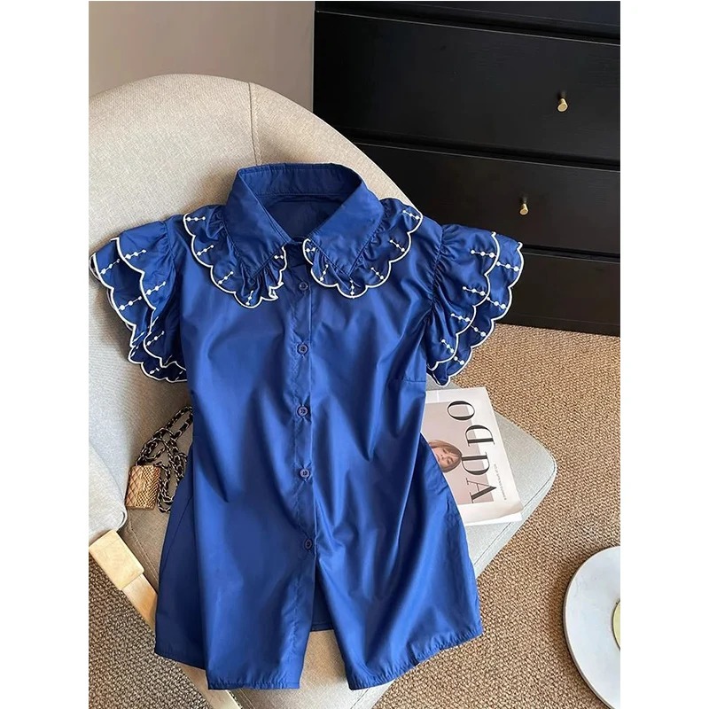 

Женские корейские модные однотонные рубашки с отложным воротником и короткими рукавами на пуговицах, летние универсальные лоскутные кардиганы с оборками, топы