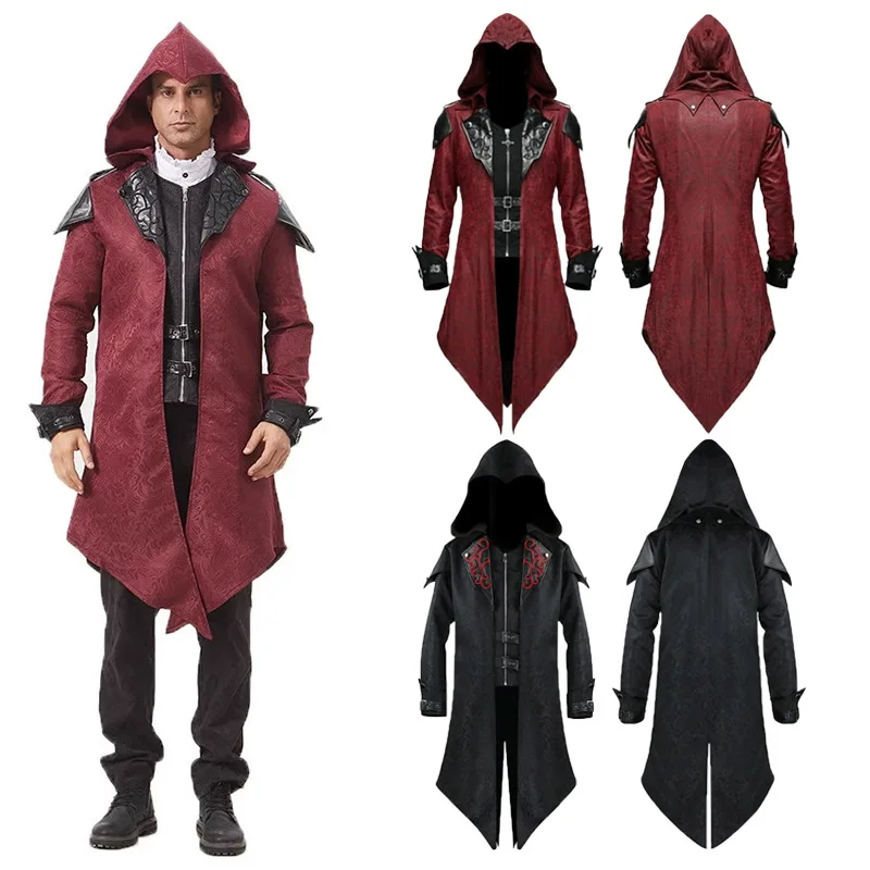 

2025 Medieval Vintage Patchwork Stand Collar Mid-Length Hooded Jacquard Tuxedo for Men, Medieval Halloween Gothic Dark Mens Coat