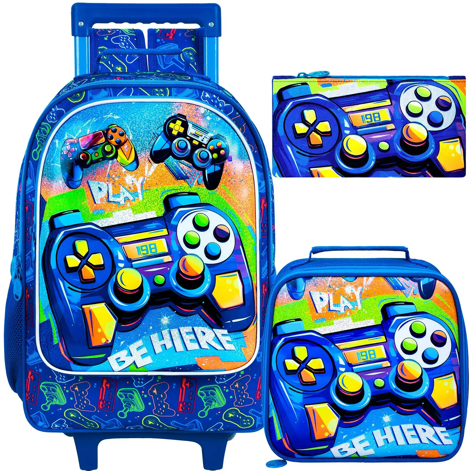 

3PCS Rolling Backpack for Boys, Kids Roller Bookbag with Wheels, Gamer Wheeled School Backpack for Elementary Preschool Kinderga