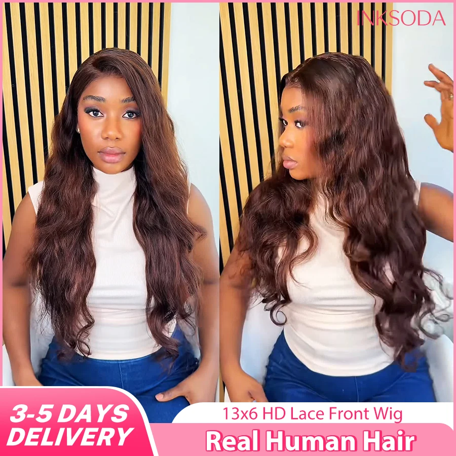

34 Inch #4 Chocolate Brown Lace Front Wig 220% Density Body Wave 13x6 HD Lace Brazil Human Hair Pre Plucked Glueless Wig