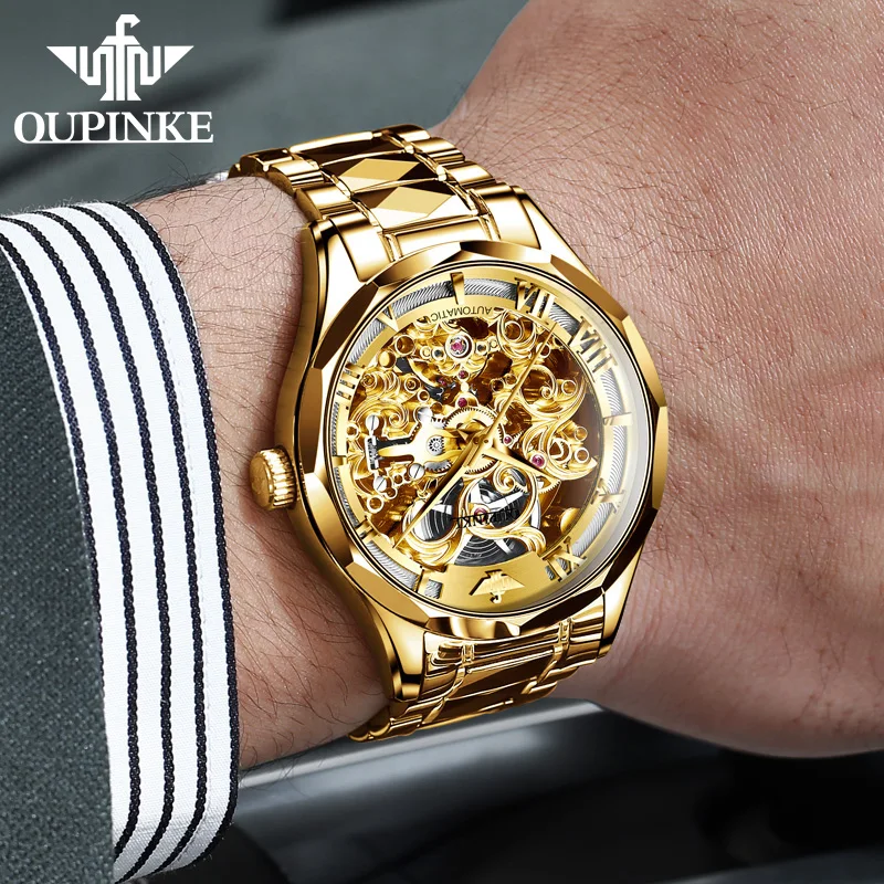 OUPINKE Automatic Mechanical Watch for Men Swiss Certification Gold Watch Skeleton Sapphire Crystal Waterproof Man Wristwatch