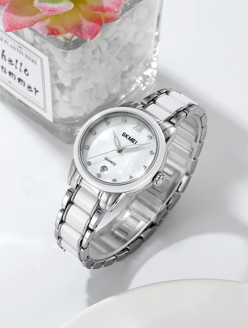 Ceramic Dial Women's Watch, Stainless Steel Band Quartz Wristwatch, Water Resistant Minimalist Timepiece