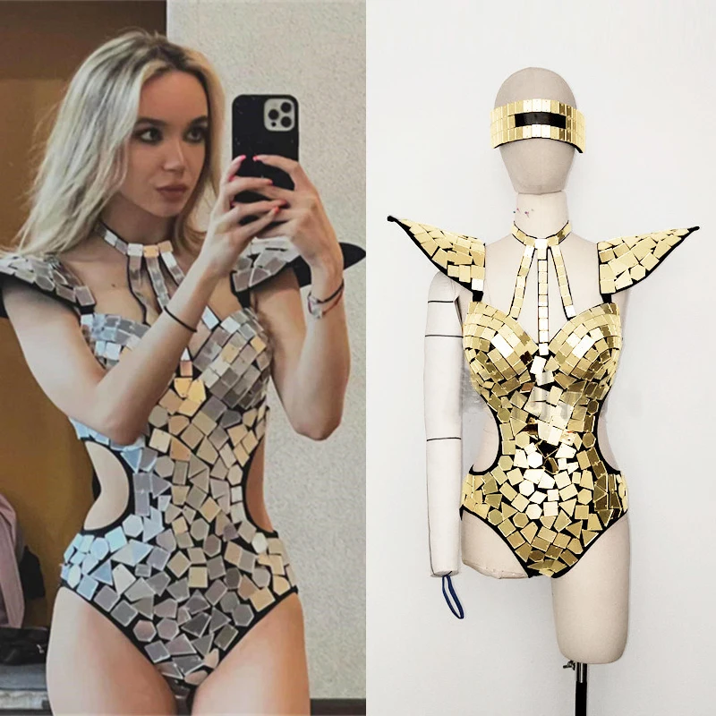 

Mirror Sequins Sexy Hollow Out Bodysuit Flying Shoulder Jumpsuit Nightclub Gogo Dancewear Adult Women Pole Dance Costume