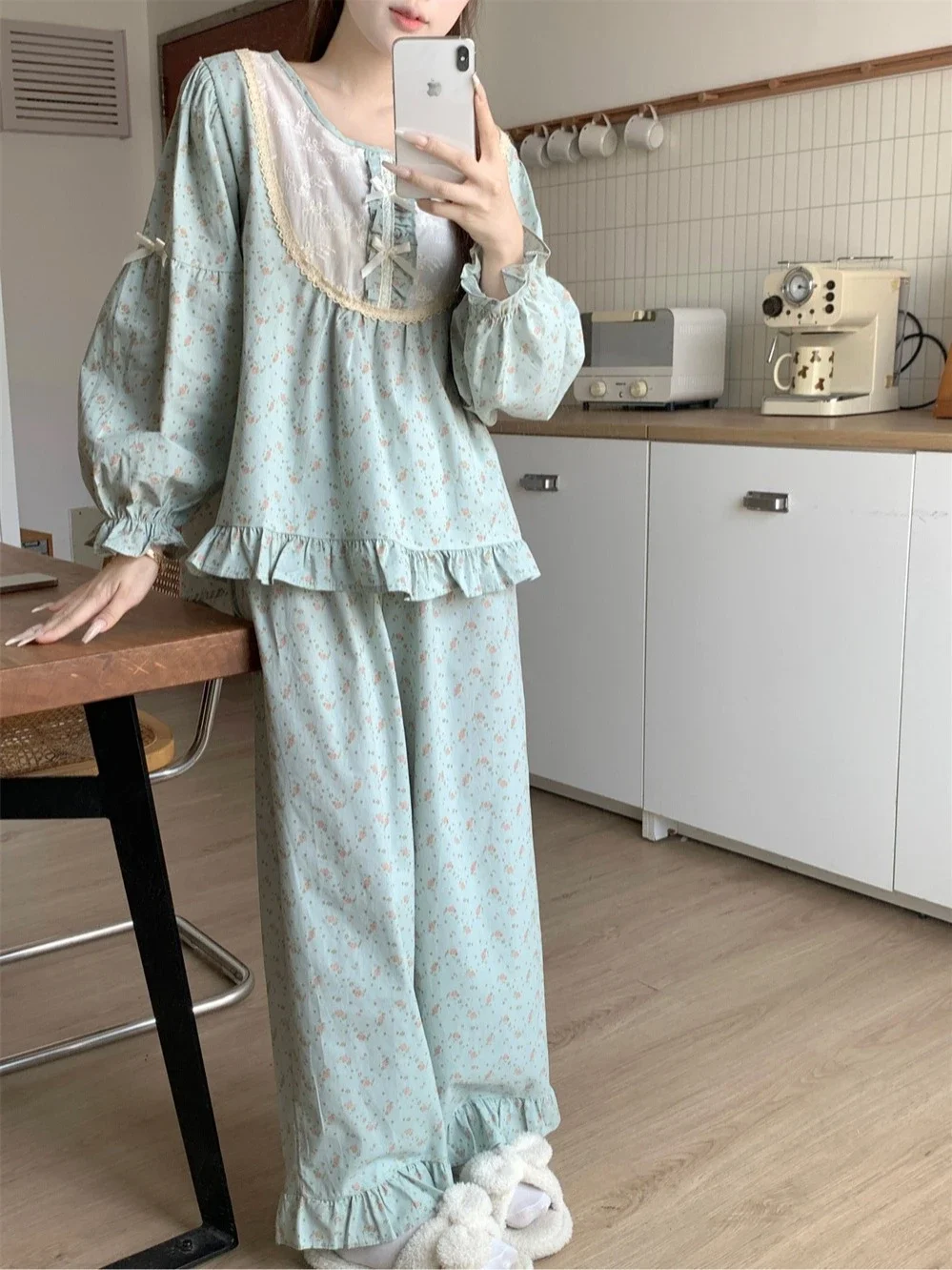 

Bow Dtie Design Pajamas for Women Long Sleeve Top & Elastic Waist Pants Pajamas Set Harajuku Style Casual New Home Wear Set
