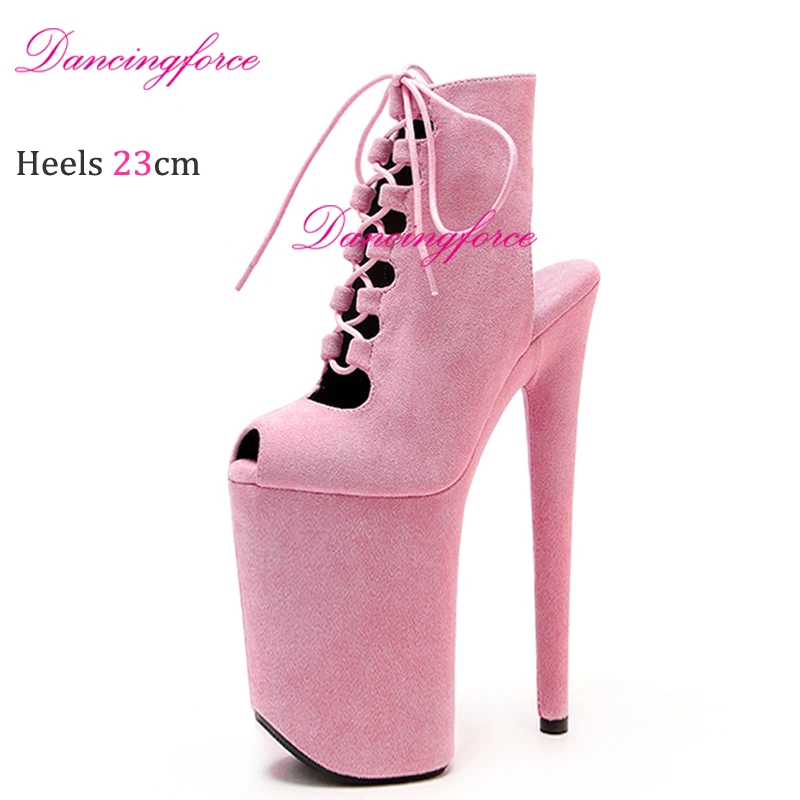 23cm/9Inches Pink Suede Pole Dance Shoes High Heels Stripper Ankle Boots