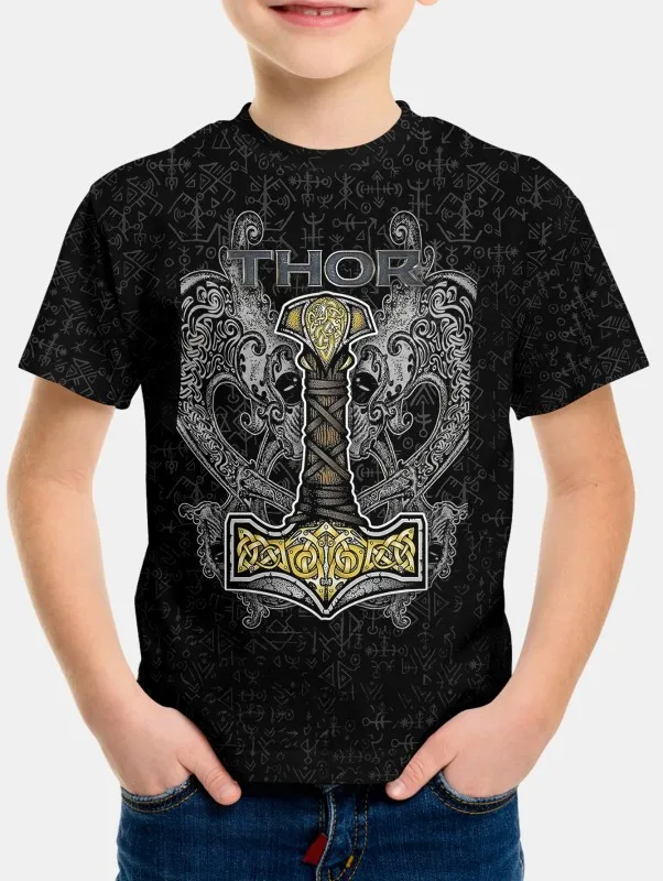 Fashion Kids Clothings Thor Totem Full-body Printing Boys T-shirt Summer Casual Lightweight Comfy Short Sleeve Tees Tops