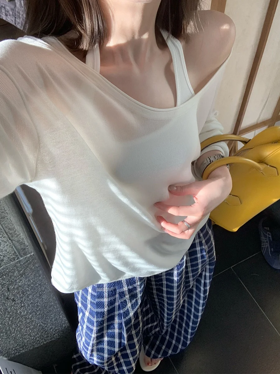 

MUKOK 00 Комплект: топ-бюстье и майка с длинным рукавом, шелковистый, прохладный, с защитой от солнца, на бретельках, с круглым вырезом, стандартный крой