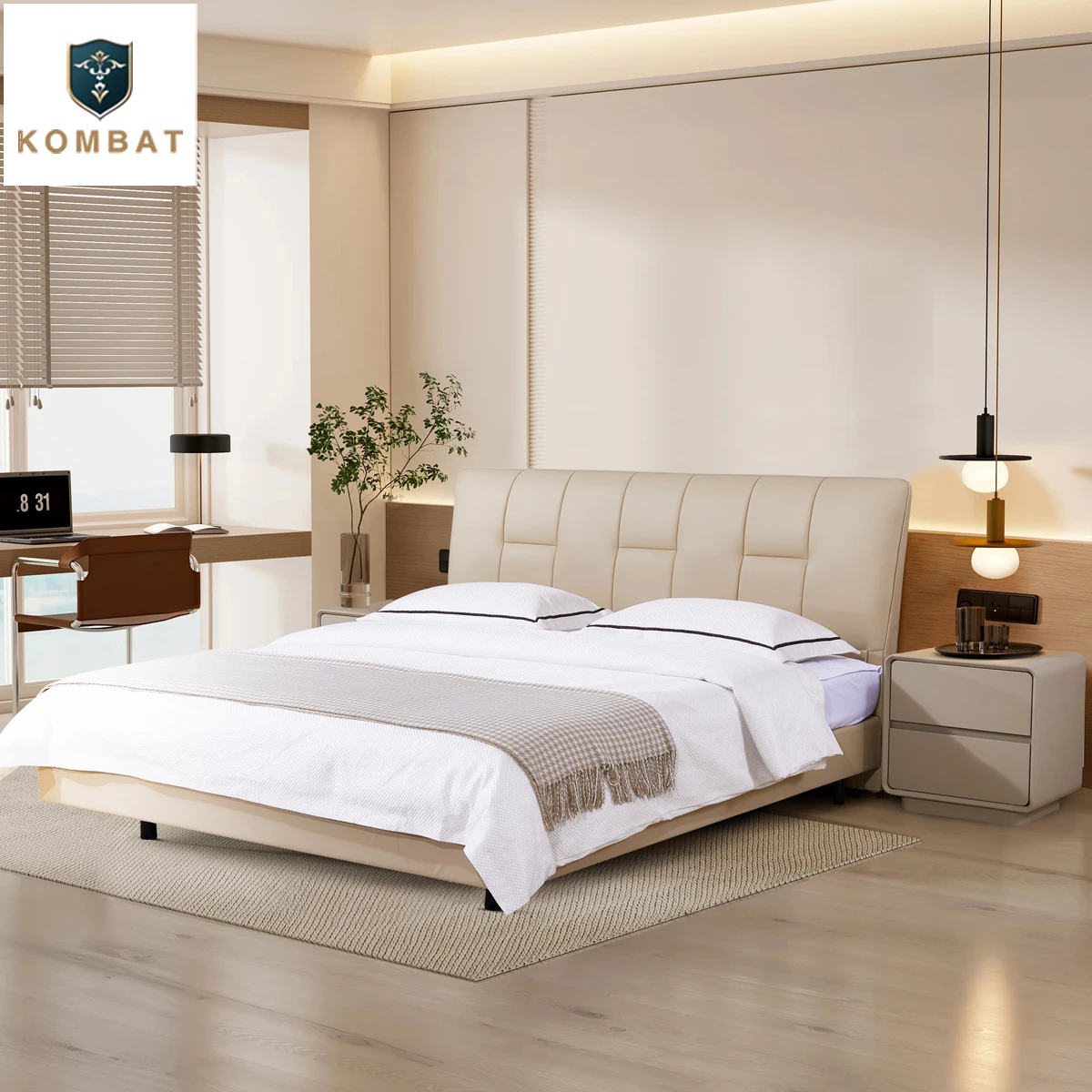 

KOMBAT Modern Minimalist White Leather King Size Bed Double Comfortable Sleep Bedroom Furniture Set Queen Bed Frame with Storage