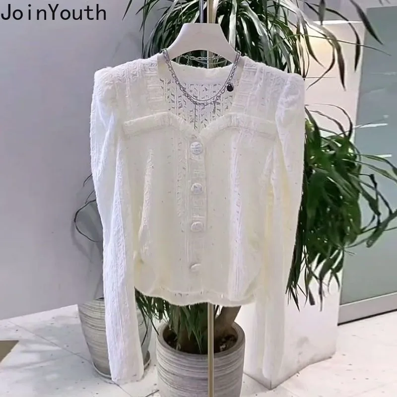 Solid Color Square Collar Tunic Blouses Women Clothing Lace Puff Sleeve Crop Tops 2024 Camisas De Mujer Hollow Out Shirt Blouse