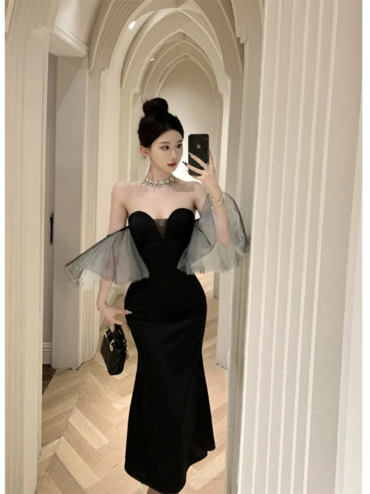 

Ретро-платье в стиле Хепберн: чувственное, модное, с открытыми плечами, кружевными рукавами, сексуальное бандо-платье для женских вечеринок, полиэстер.