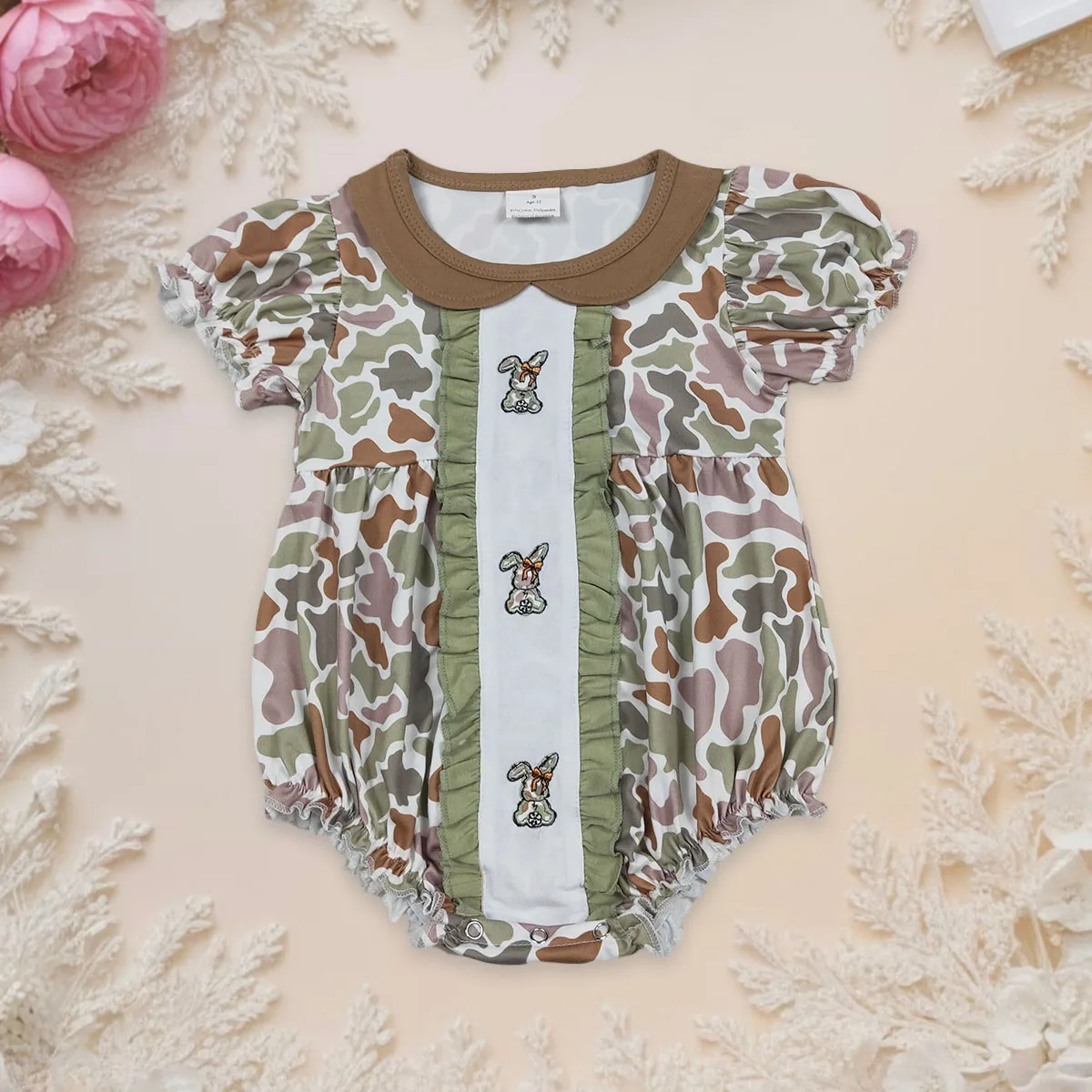 

Камуфляжный комбинезон с воротником и оборками для новорожденных девочек, детский комбинезон с вышивкой кролика и пузырьками, одежда для малышей, оптовая продажа