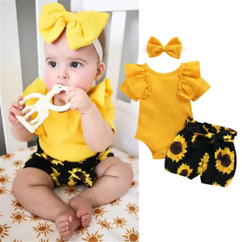 0-24months Toddler Girl 3pcs Clothes Set Yellow Ruffled Romper + Sunflower Print Shorts + Bow Headband Outfits For Baby Girls