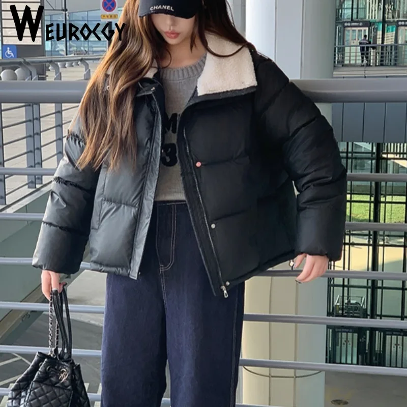 2024 Winter Korean Edition Fashion Color Collision Turn Down Collar Long Sleeve Zipper Short Loose Warm Thick Women Parkas