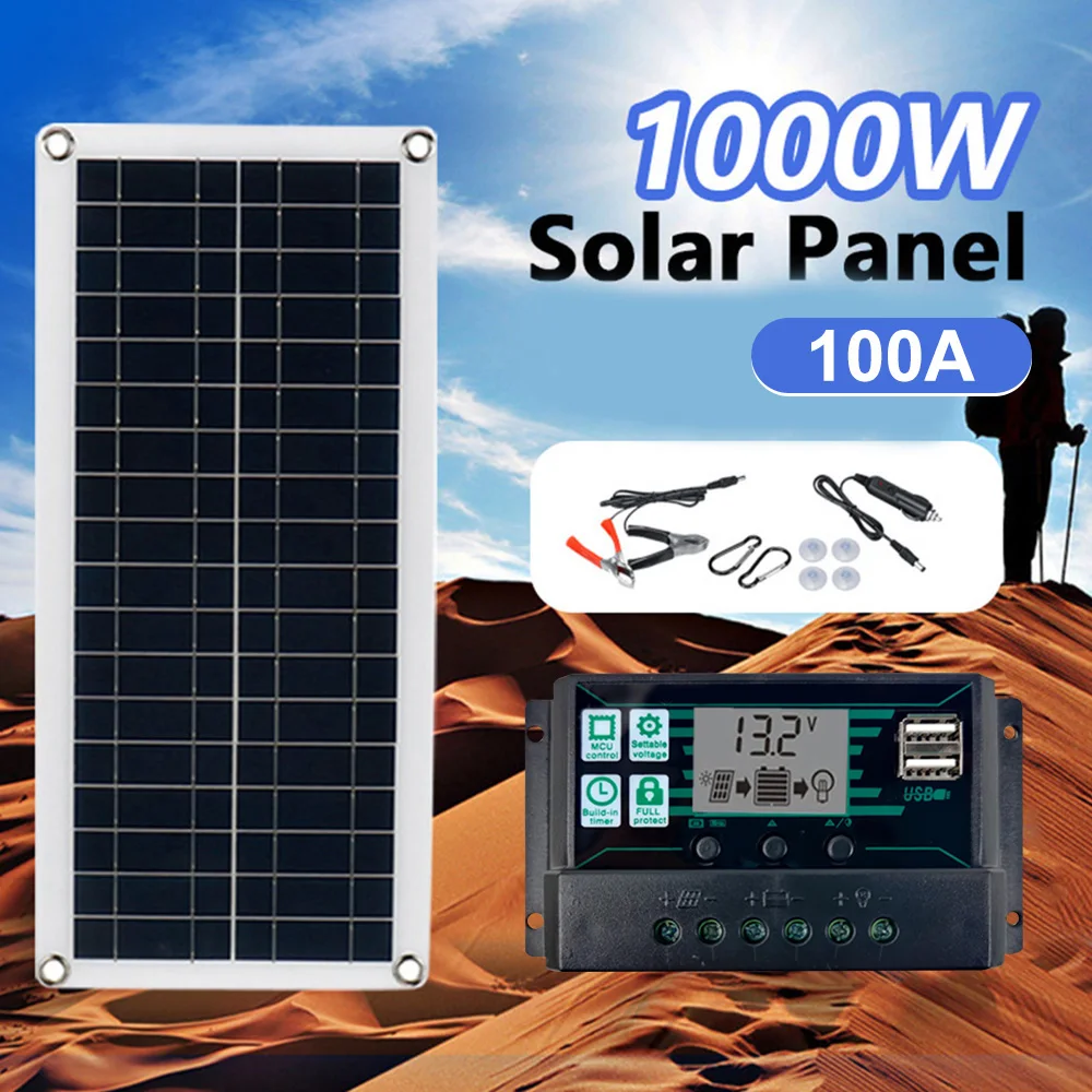 1000W 12V Solar Panel with 100A Controller for Phone RV Car MP3 PAD Charger Outdoor Battery Supply Solar Panel for Camping