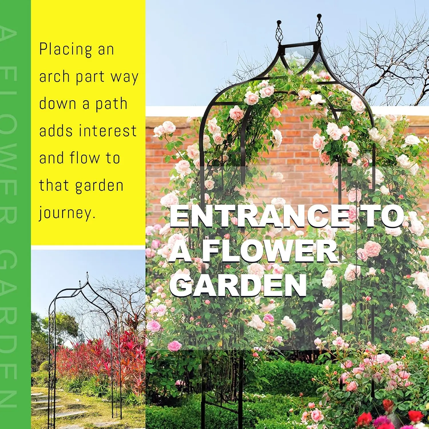 تعريشة قوس الحديقة مقاس 14.2 بوصة طول × 46.5 بوصة عرض × 98.4 بوصة ارتفاع، أربور حديد أسود، تعريشة أربور للفناء لنباتات التسلق المختلفة باللون الوردي والخارجي