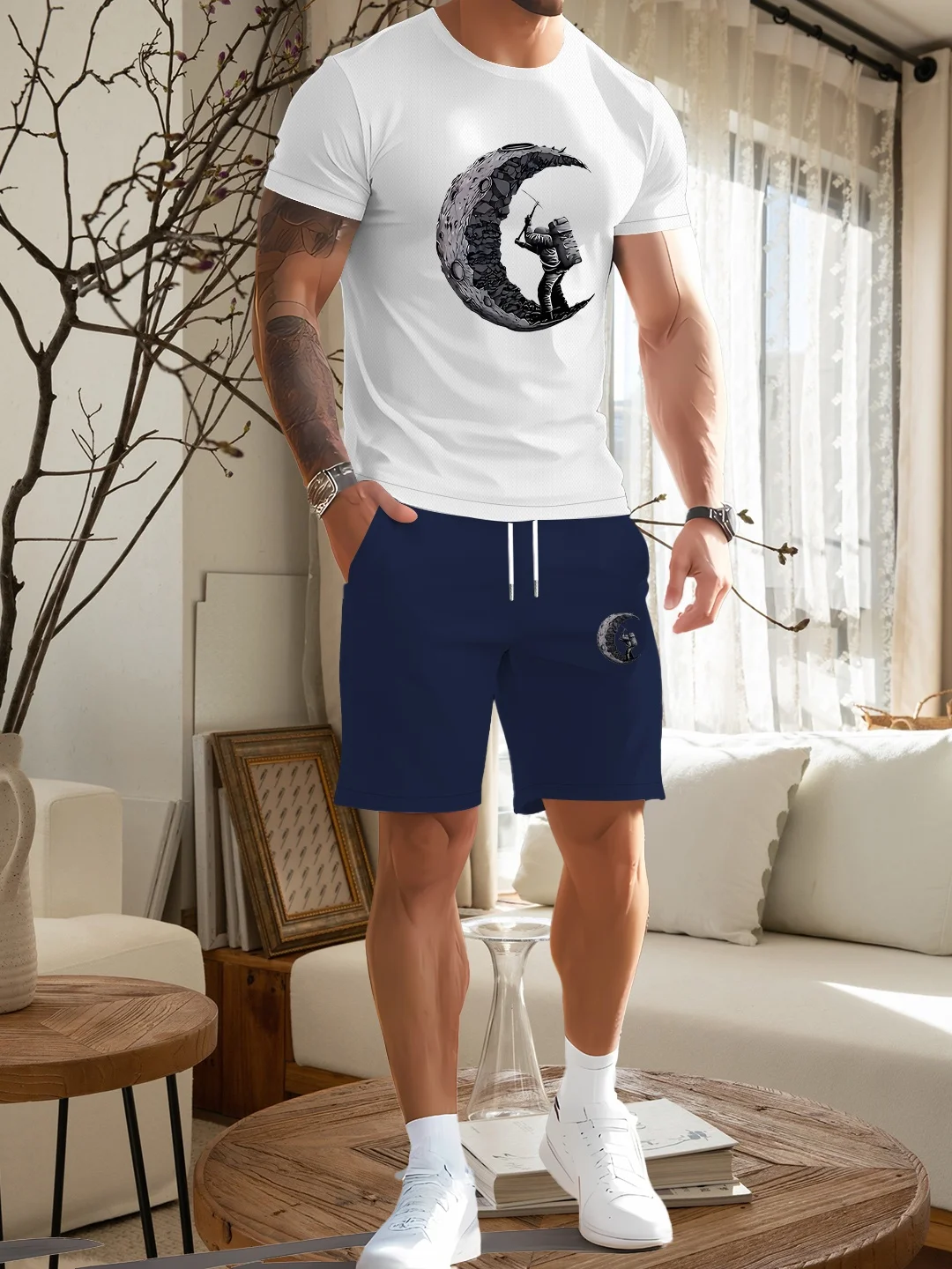 

Мужская дышащая легкая футболка с короткими рукавами и шортами с принтом, подходит для летней повседневной носки, стандартная или