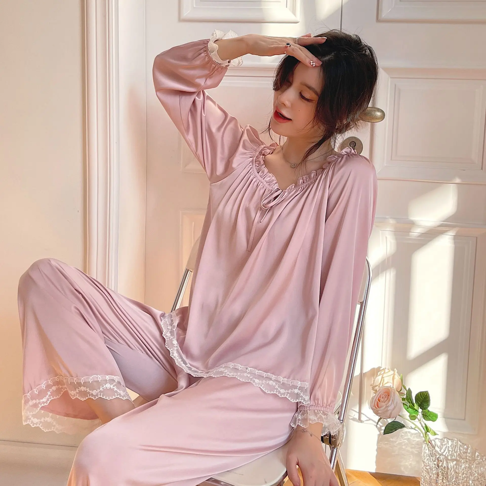 

Women 2PCS Pajamas Set Sweet Pink Lace Trim Sleepwear Pijamas Suit Spring Autumn Long Sleeve Nightwear Loose Satin Home Wear