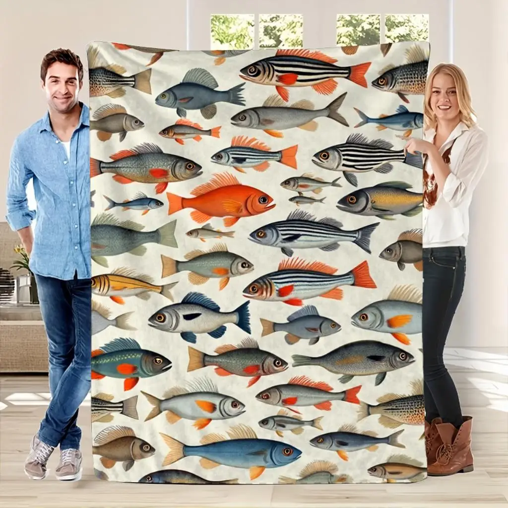 [ In Stock] Animal Theme Fish Collection Print Flannel Blanket Soft And Comfortable Perfect Gift for Family And Friends Suitable
