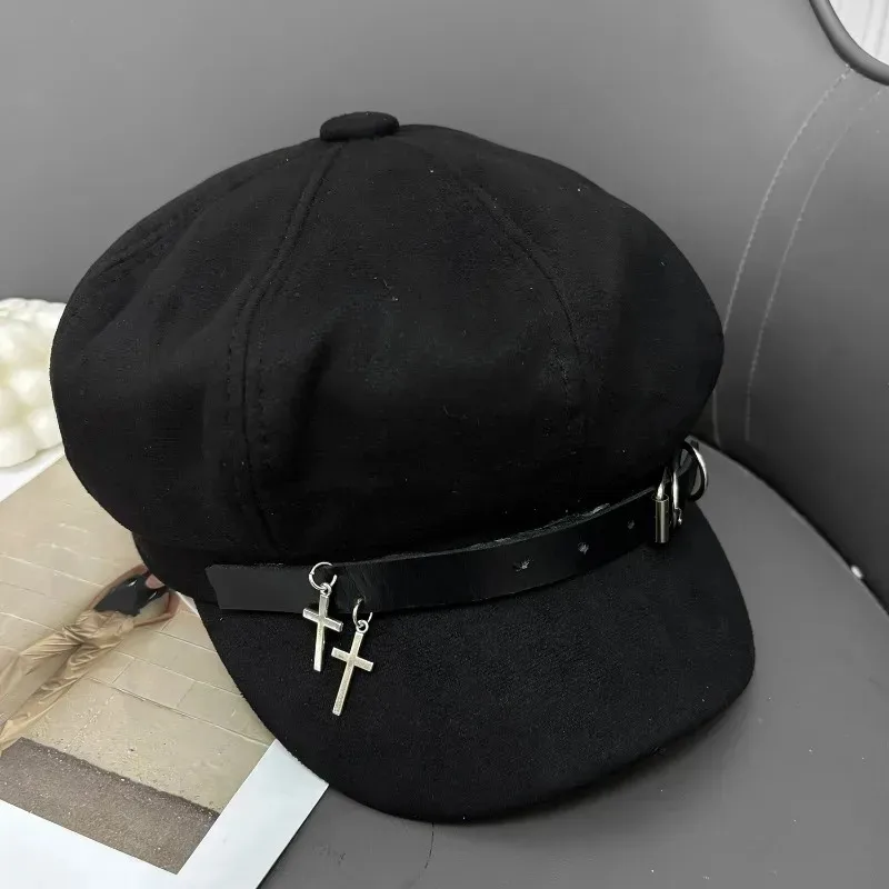 Y2K Gothic Cross Beret Hat Women Unisex Harajuku Style Cotton Black Metal Decor Punk Rock Cap Autumn Winter Warm Hats Fashion