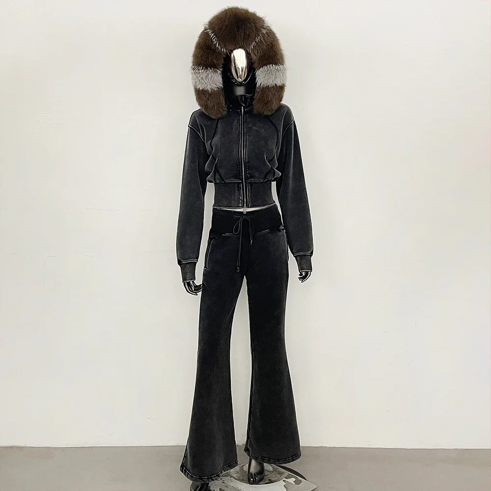 OFTBUY Flare-Hosen-Set für Damen, Wasch-Denim-Look, Neuer Herbst-Winter-Trainingsanzug, 2-teiliges Outfit mit Echtfuchs-Fell-Kapuzenjacke – Detail 14