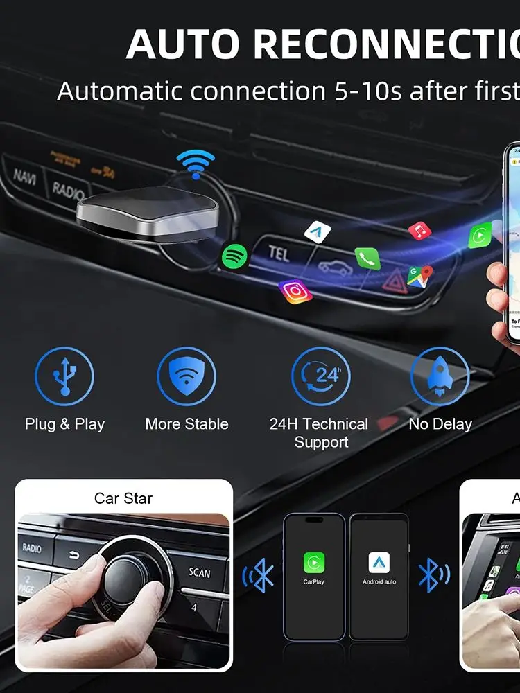 Dongle CarPlay sans fil 2 en 1, adaptateur automatique Android sans fil, boîte intelligente AI, systèmes intelligents pour voiture avec CarPlay filaire