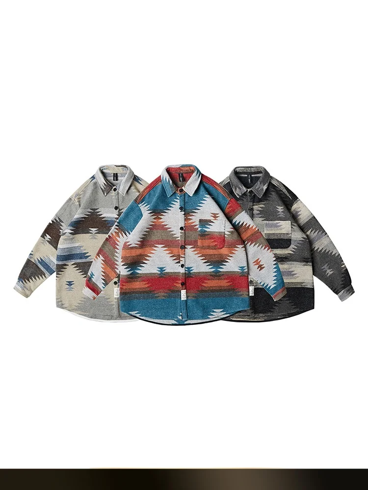 

Retro Thiened Woolen Workwear irt Men's Autumn New Sle Color Blo Couple Match Loose Fit Long Sve Button down