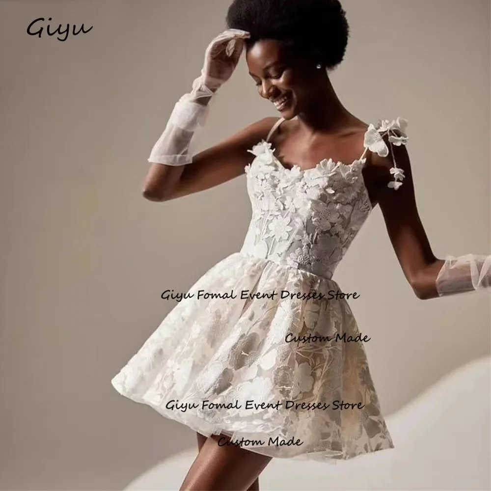 

Giyu A-line Lace Followers Mini Wedding Dress Spaghetti Strap Mini-Length Above The Knee Birthday Party Dress Cocktail Dress